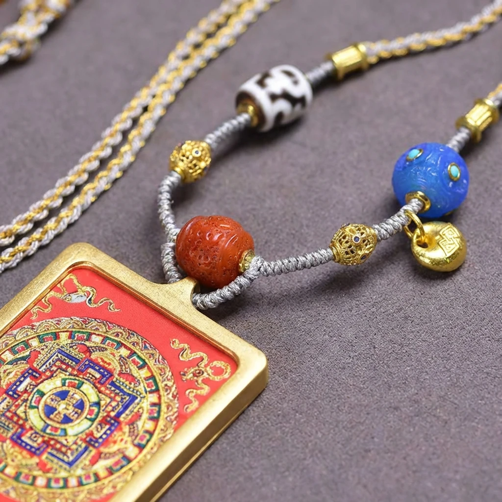 Tibetan Thangka Pendant Necklace for Men Women, Handmade Woven Rope Adjustable Buddhist Jewelry, Black Gold Mandala Amulet for Meditation and Spiritual Protection, Sacred Cultural Gift 56x46mm - Image 3