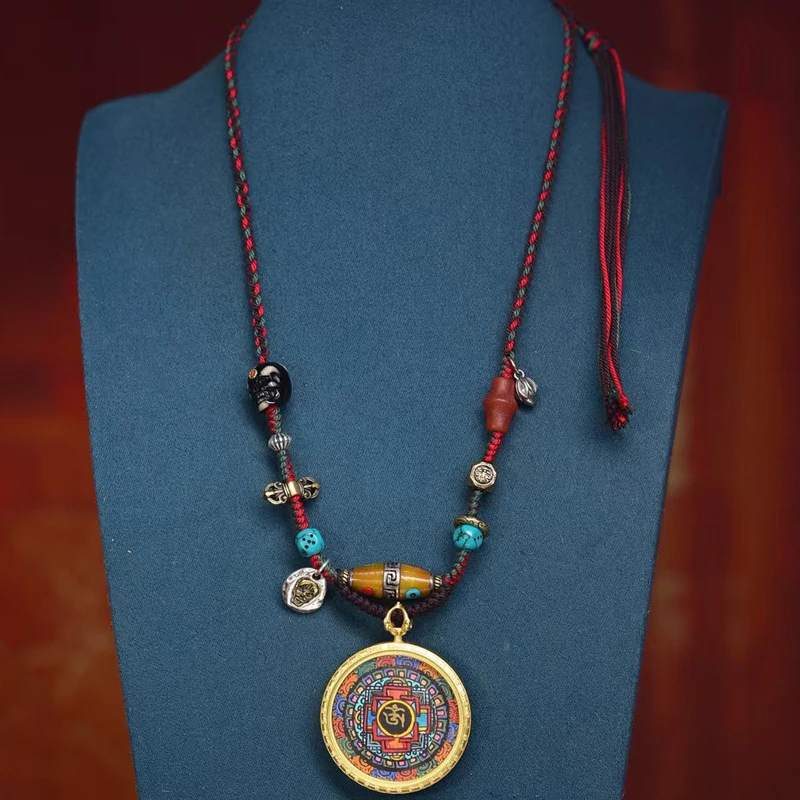 Tibetan Mandala Thangka Necklace Handmade Woven Cord Pendant for Men Women Hand-Painted Buddhist Jewelry with Six Syllable Mantra Agate Bone Beads Ethnic Tribal Spiritual Protection Amulet 40mm - Image 6
