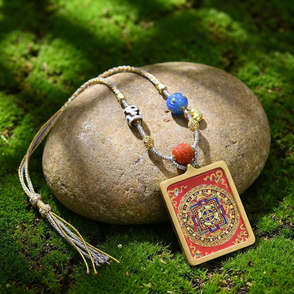 Tibetan Thangka Pendant Necklace for Men Women, Handmade Woven Rope Adjustable Buddhist Jewelry, Black Gold Mandala Amulet for Meditation and Spiritual Protection, Sacred Cultural Gift 56x46mm - Image 5