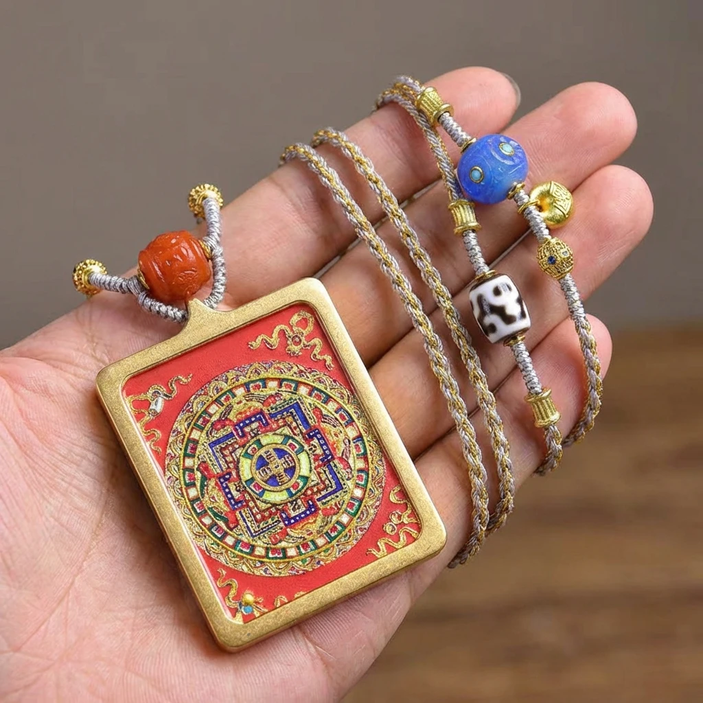 Tibetan Thangka Pendant Necklace for Men Women, Handmade Woven Rope Adjustable Buddhist Jewelry, Black Gold Mandala Amulet for Meditation and Spiritual Protection, Sacred Cultural Gift 56x46mm - Image 6
