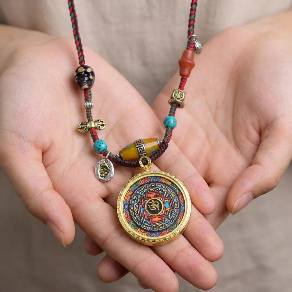 Tibetan Mandala Thangka Necklace Handmade Woven Cord Pendant for Men Women Hand-Painted Buddhist Jewelry with Six Syllable Mantra Agate Bone Beads Ethnic Tribal Spiritual Protection Amulet 40mm - Image 4