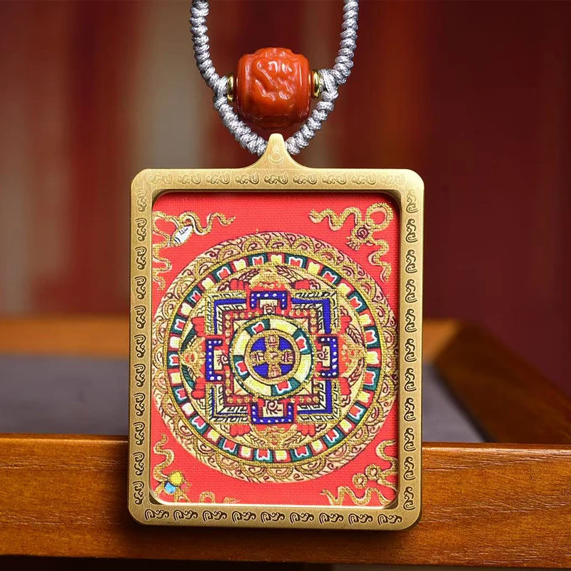 Tibetan Thangka Pendant Necklace for Men Women, Handmade Woven Rope Adjustable Buddhist Jewelry, Black Gold Mandala Amulet for Meditation and Spiritual Protection, Sacred Cultural Gift 56x46mm - Image 2