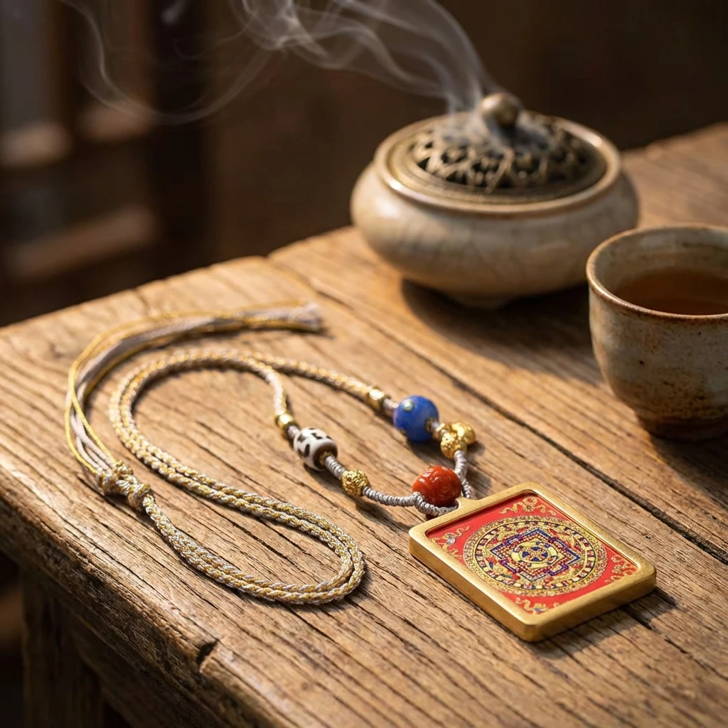 Tibetan Thangka Pendant Necklace for Men Women, Handmade Woven Rope Adjustable Buddhist Jewelry, Black Gold Mandala Amulet for Meditation and Spiritual Protection, Sacred Cultural Gift 56x46mm - Image 4