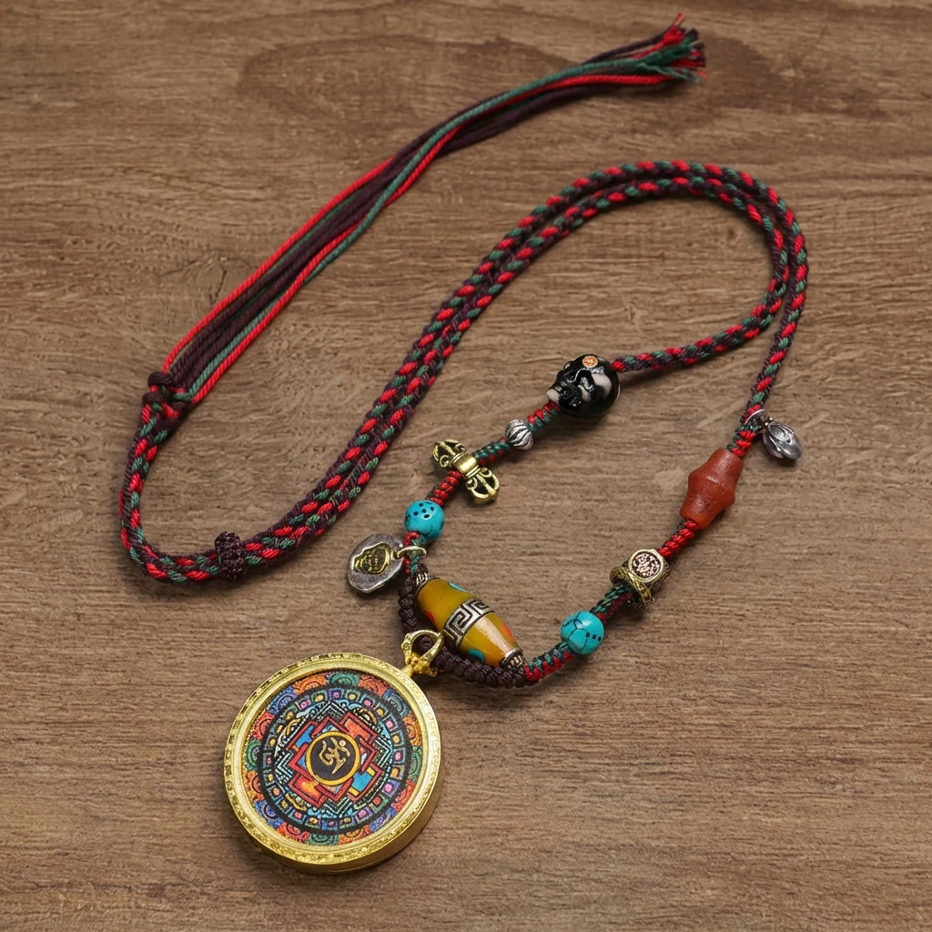 Tibetan Mandala Thangka Necklace Handmade Woven Cord Pendant for Men Women Hand-Painted Buddhist Jewelry with Six Syllable Mantra Agate Bone Beads Ethnic Tribal Spiritual Protection Amulet 40mm