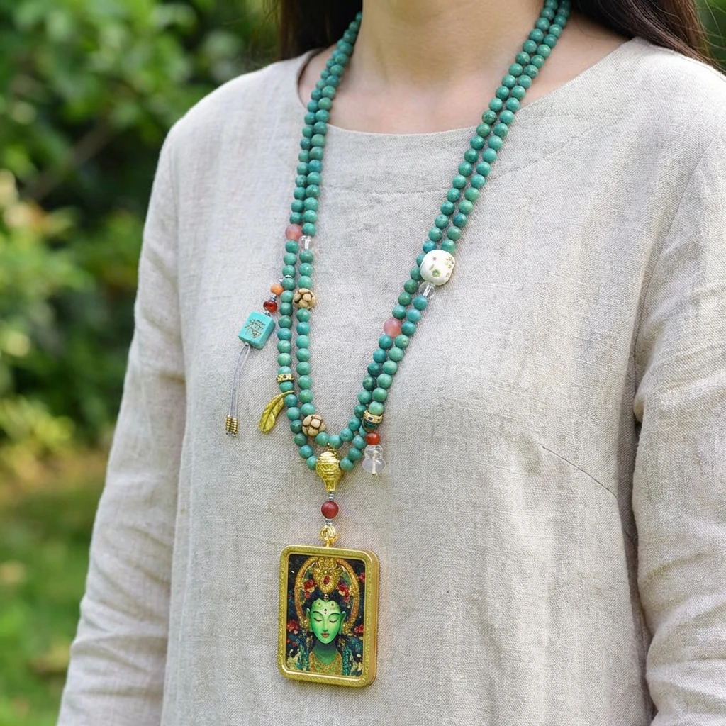 Green Tara Tibetan Buddhist Necklace, Handmade Thangka Pendant with Turquoise Beads, Vintage Ethnic Mala Necklace for Women, Spiritual Healing Jewelry Amulet for Meditation and Yoga Protection - Image 5
