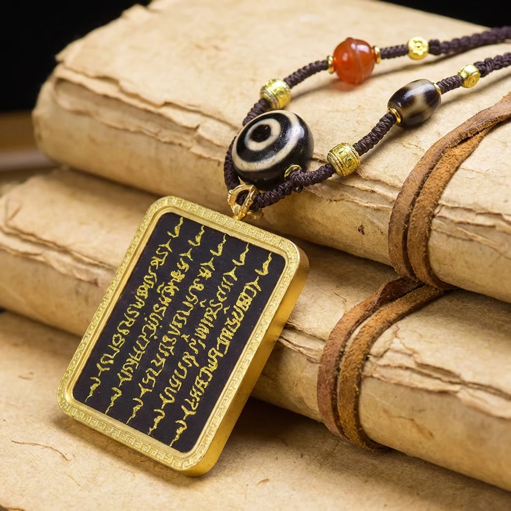 Tibetan Thangka Pendant Necklace for Men Women, Handmade Mandala Amulet with Five Lines Sutra, Black Gold Buddhist Protection Jewelry, Adjustable Braided Rope, Sacred Spiritual Gift for Meditation - Image 4