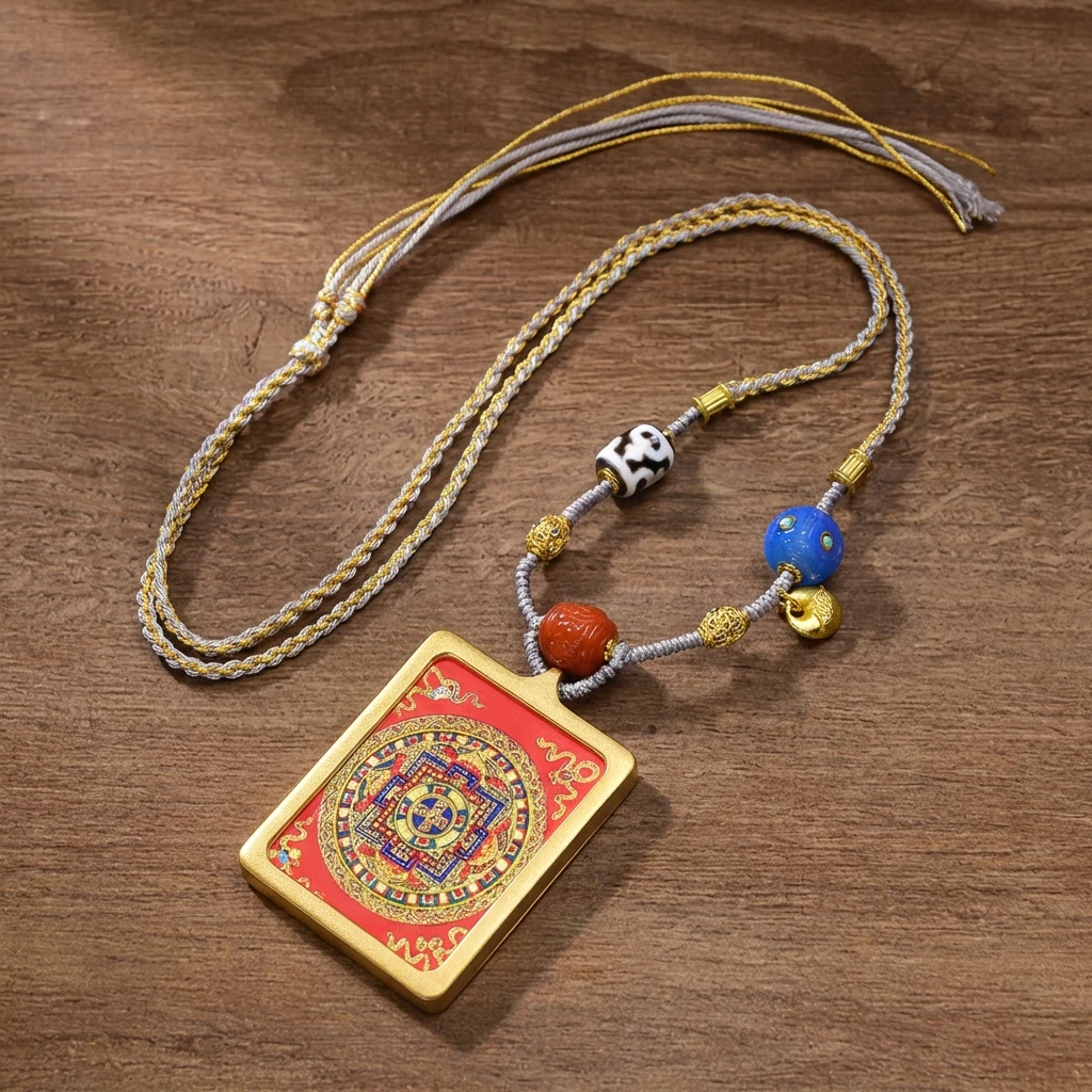Tibetan Thangka Pendant Necklace for Men Women, Handmade Woven Rope Adjustable Buddhist Jewelry, Black Gold Mandala Amulet for Meditation and Spiritual Protection, Sacred Cultural Gift 56x46mm
