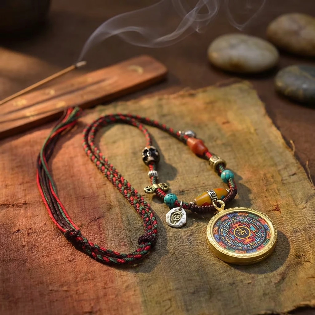 Tibetan Mandala Thangka Necklace Handmade Woven Cord Pendant for Men Women Hand-Painted Buddhist Jewelry with Six Syllable Mantra Agate Bone Beads Ethnic Tribal Spiritual Protection Amulet 40mm - Image 3