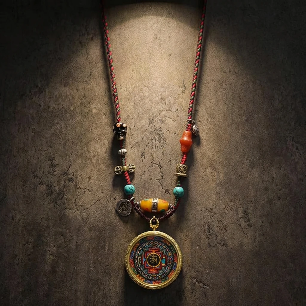 Tibetan Mandala Thangka Necklace Handmade Woven Cord Pendant for Men Women Hand-Painted Buddhist Jewelry with Six Syllable Mantra Agate Bone Beads Ethnic Tribal Spiritual Protection Amulet 40mm - Image 5