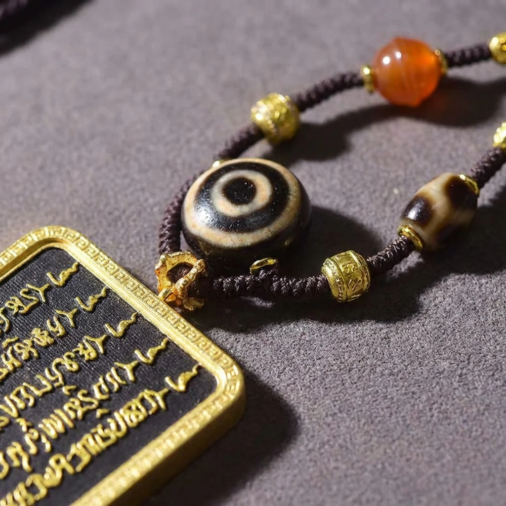 Tibetan Thangka Pendant Necklace for Men Women, Handmade Mandala Amulet with Five Lines Sutra, Black Gold Buddhist Protection Jewelry, Adjustable Braided Rope, Sacred Spiritual Gift for Meditation - Image 2