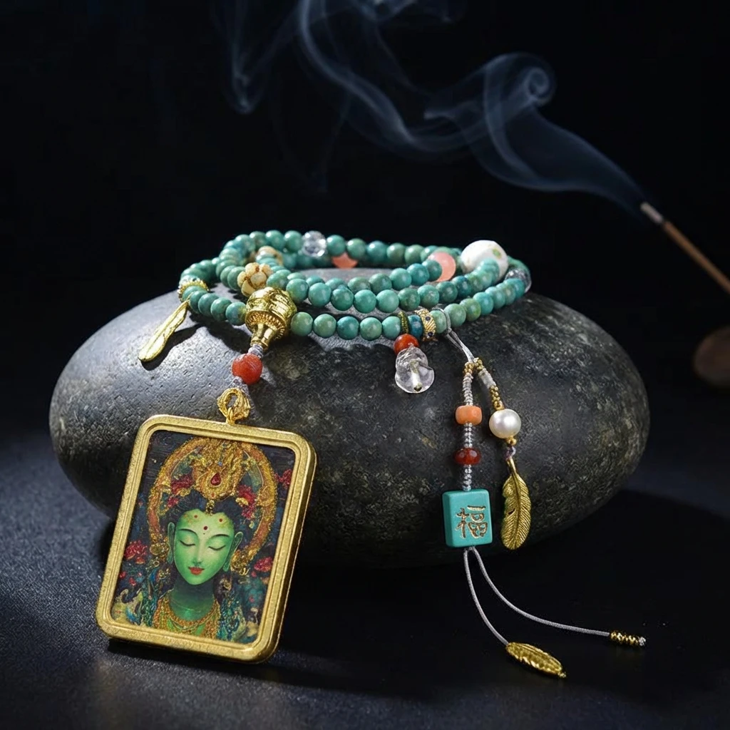 Green Tara Tibetan Buddhist Necklace, Handmade Thangka Pendant with Turquoise Beads, Vintage Ethnic Mala Necklace for Women, Spiritual Healing Jewelry Amulet for Meditation and Yoga Protection - Image 6