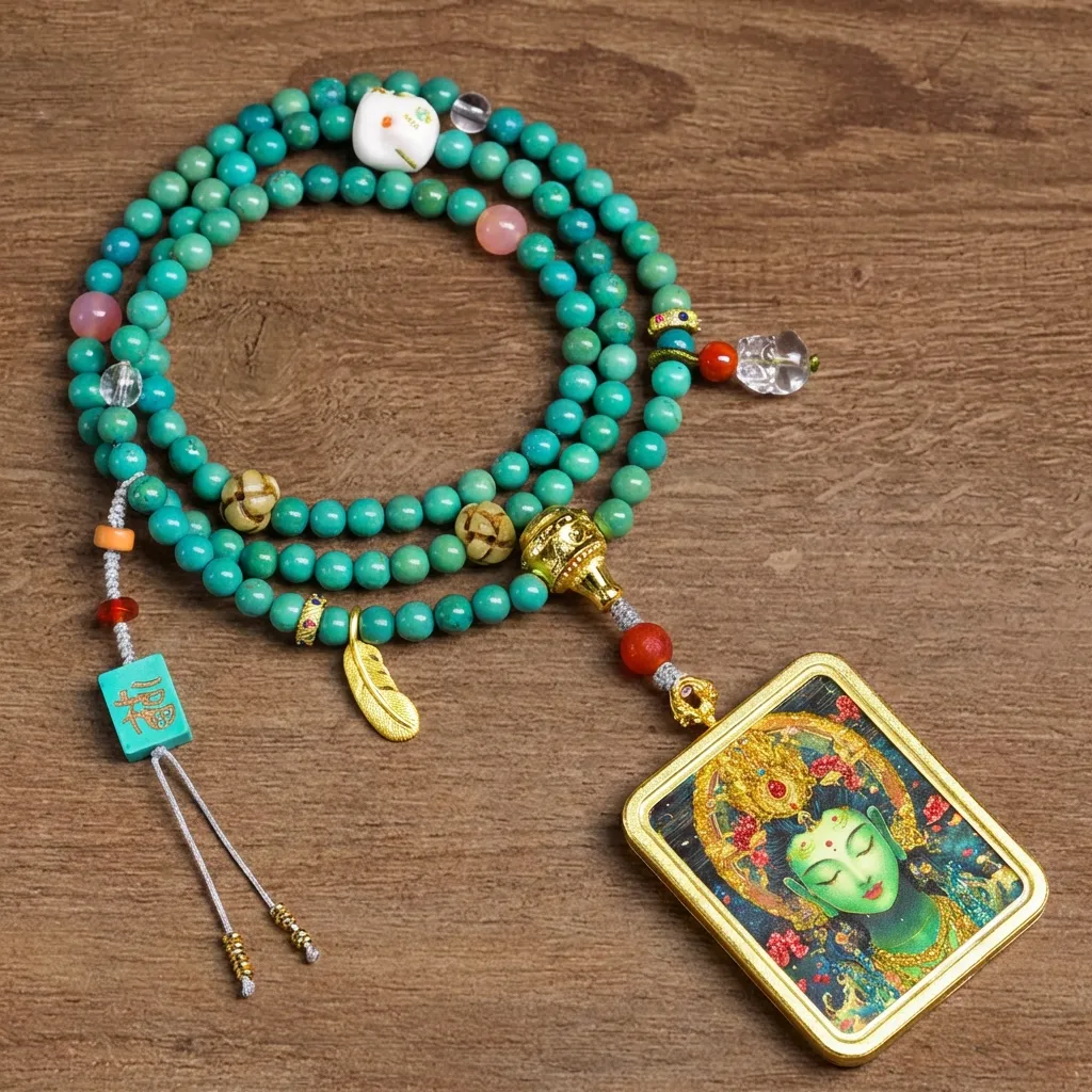Green Tara Tibetan Buddhist Necklace, Handmade Thangka Pendant with Turquoise Beads, Vintage Ethnic Mala Necklace for Women, Spiritual Healing Jewelry Amulet for Meditation and Yoga Protection