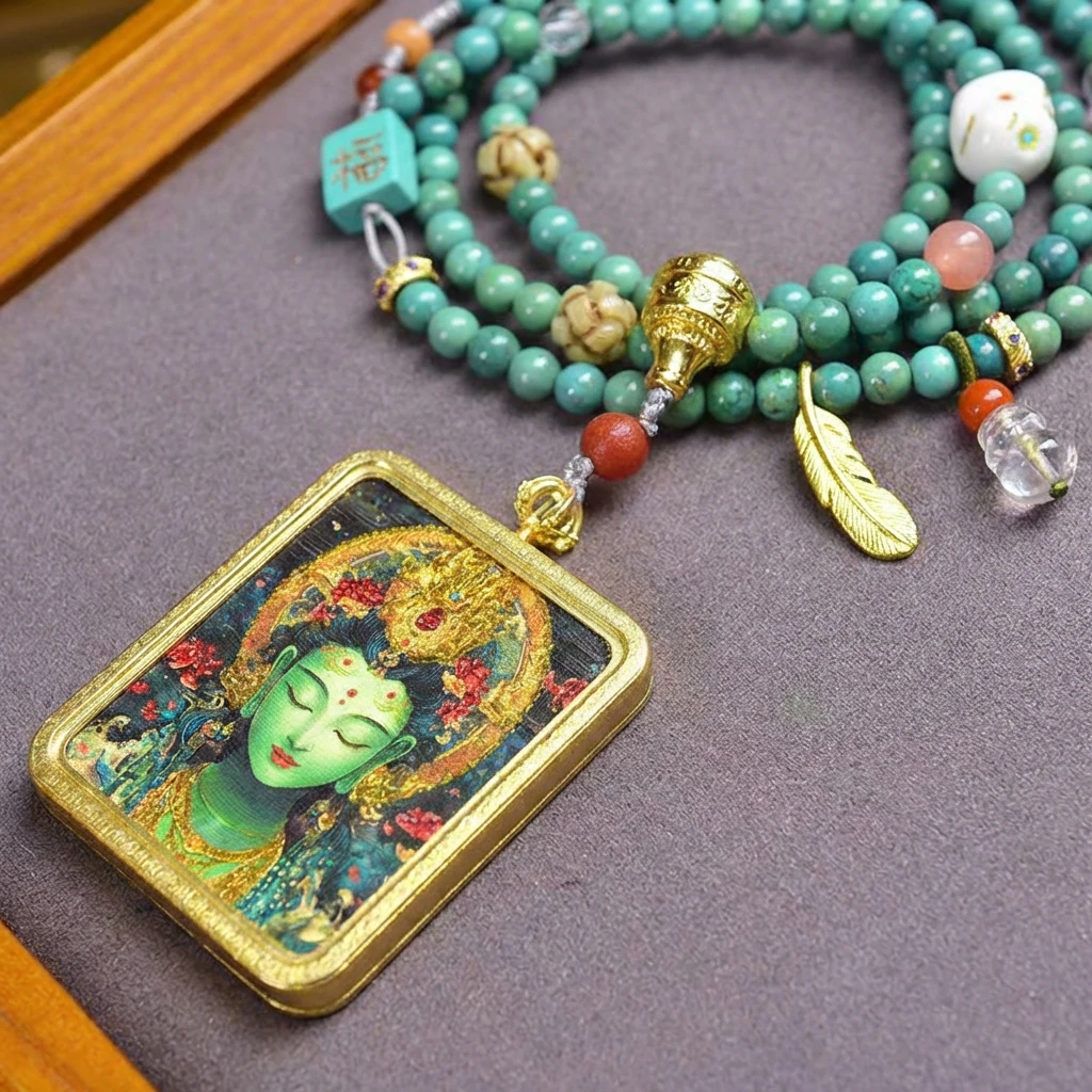 Green Tara Tibetan Buddhist Necklace, Handmade Thangka Pendant with Turquoise Beads, Vintage Ethnic Mala Necklace for Women, Spiritual Healing Jewelry Amulet for Meditation and Yoga Protection - Image 3