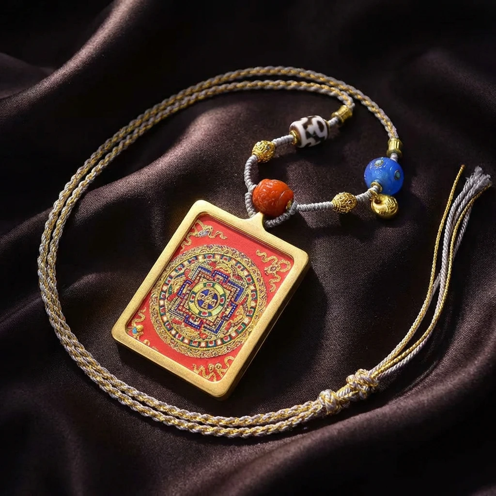 Tibetan Thangka Pendant Necklace for Men Women, Handmade Woven Rope Adjustable Buddhist Jewelry, Black Gold Mandala Amulet for Meditation and Spiritual Protection, Sacred Cultural Gift 56x46mm - Image 7