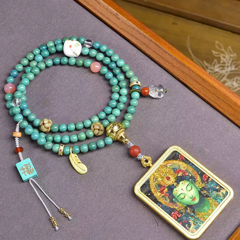 Green Tara Tibetan Buddhist Necklace, Handmade Thangka Pendant with Turquoise Beads, Vintage Ethnic Mala Necklace for Women, Spiritual Healing Jewelry Amulet for Meditation and Yoga Protection - Image 7