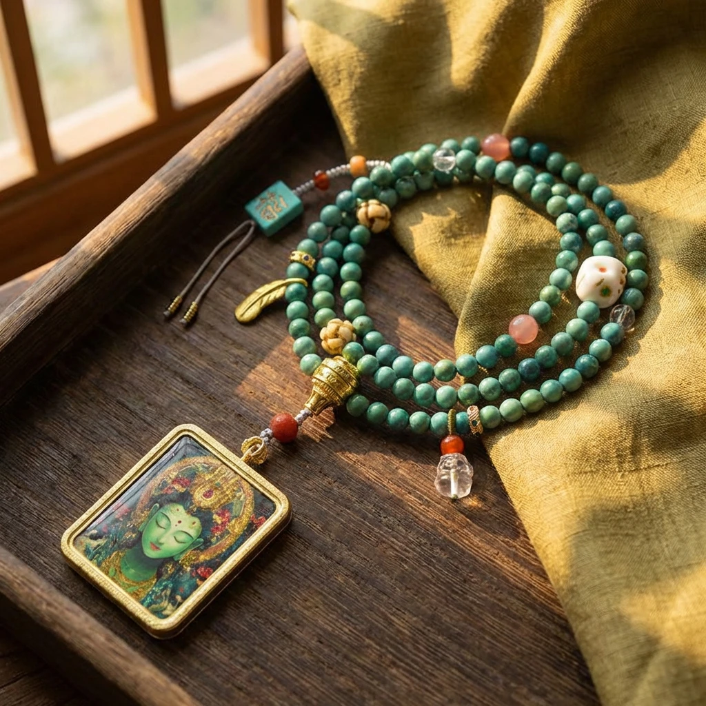 Green Tara Tibetan Buddhist Necklace, Handmade Thangka Pendant with Turquoise Beads, Vintage Ethnic Mala Necklace for Women, Spiritual Healing Jewelry Amulet for Meditation and Yoga Protection - Image 4