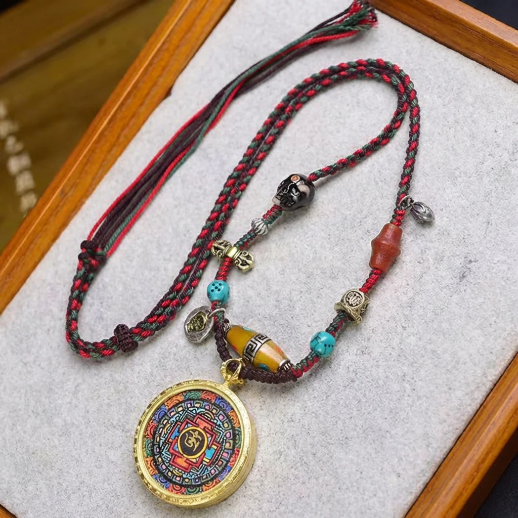 Tibetan Mandala Thangka Necklace Handmade Woven Cord Pendant for Men Women Hand-Painted Buddhist Jewelry with Six Syllable Mantra Agate Bone Beads Ethnic Tribal Spiritual Protection Amulet 40mm - Image 2