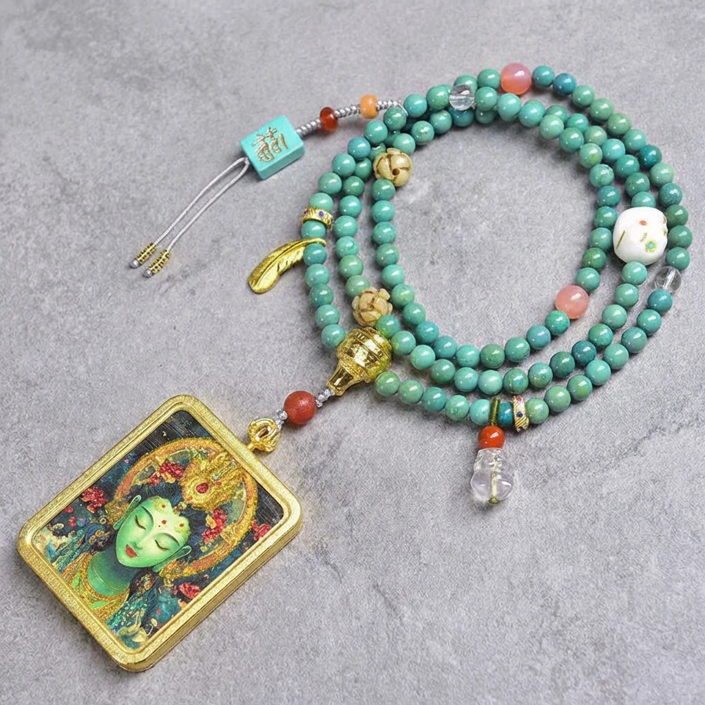Green Tara Tibetan Buddhist Necklace, Handmade Thangka Pendant with Turquoise Beads, Vintage Ethnic Mala Necklace for Women, Spiritual Healing Jewelry Amulet for Meditation and Yoga Protection - Image 2