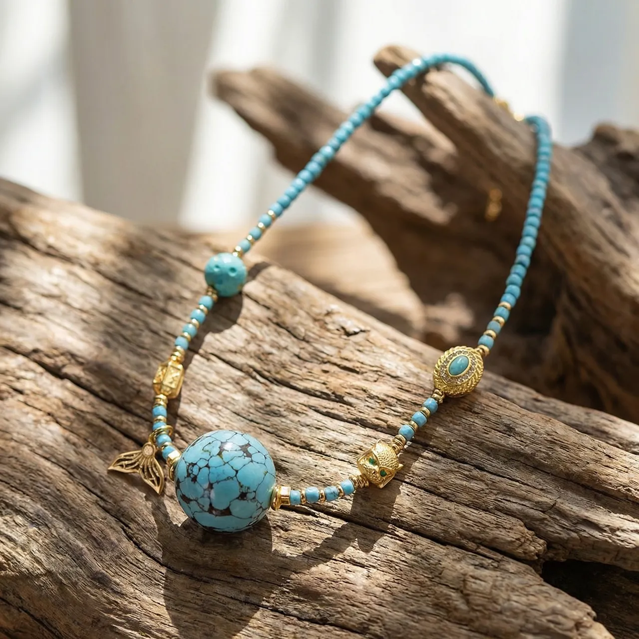 Turquoise Beaded Necklace for Women, Handmade Boho Statement Jewelry with Gold Mermaid Tail and Owl Charms, Vintage Blue Gemstone Choker Necklace, Unique Birthday Anniversary Gift for Her, Adjustable - Image 3