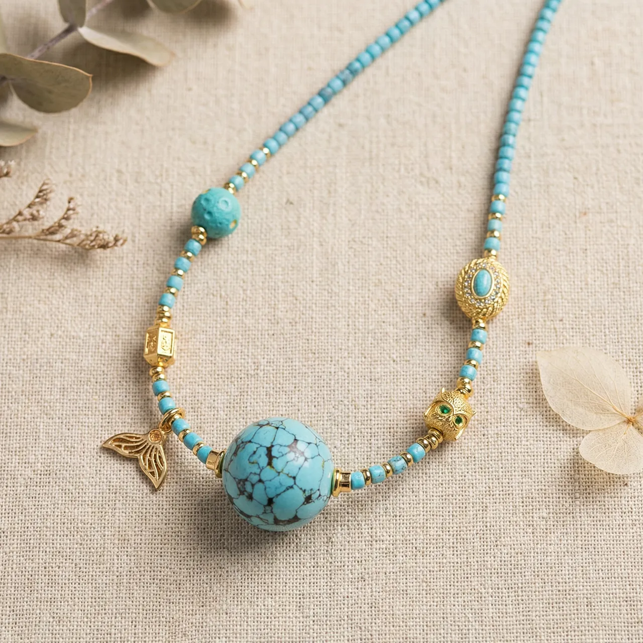 Turquoise Beaded Necklace for Women, Handmade Boho Statement Jewelry with Gold Mermaid Tail and Owl Charms, Vintage Blue Gemstone Choker Necklace, Unique Birthday Anniversary Gift for Her, Adjustable - Image 4