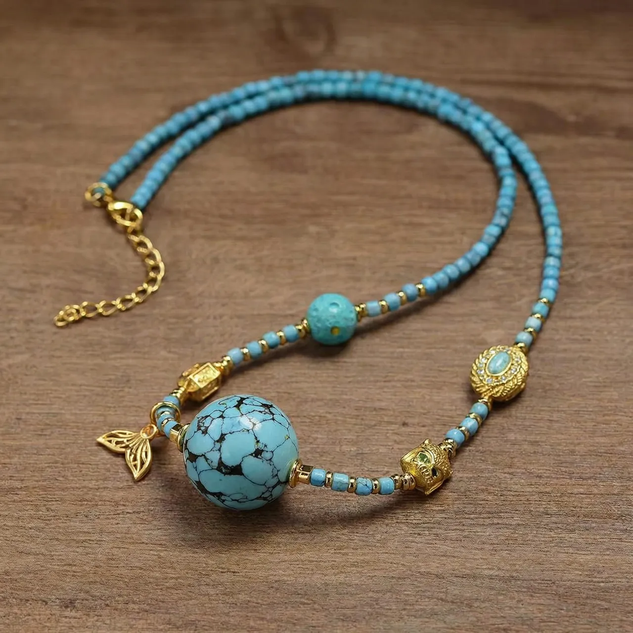 Turquoise Beaded Necklace for Women, Handmade Boho Statement Jewelry with Gold Mermaid Tail and Owl Charms, Vintage Blue Gemstone Choker Necklace, Unique Birthday Anniversary Gift for Her, Adjustable