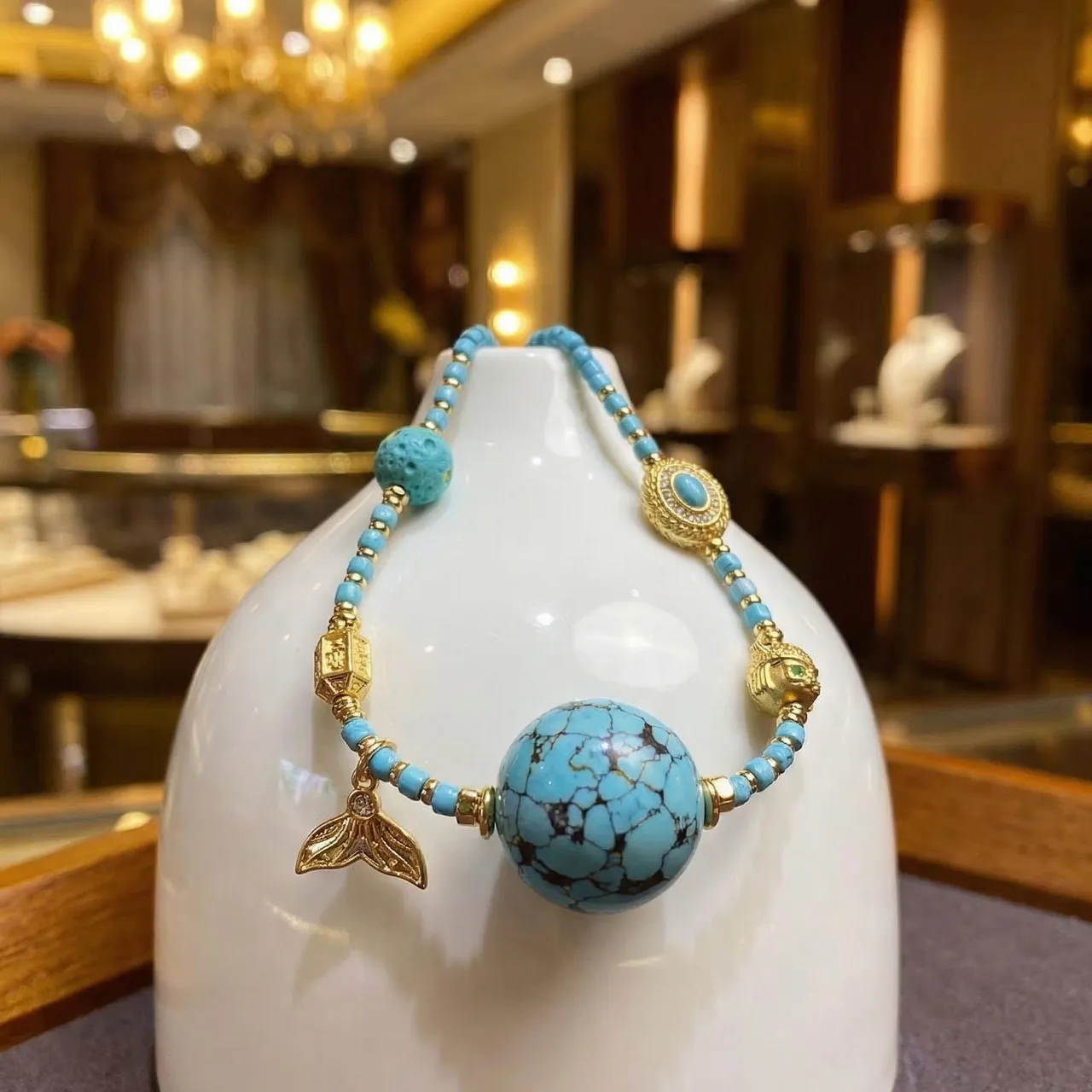 Turquoise Beaded Necklace for Women, Handmade Boho Statement Jewelry with Gold Mermaid Tail and Owl Charms, Vintage Blue Gemstone Choker Necklace, Unique Birthday Anniversary Gift for Her, Adjustable - Image 5
