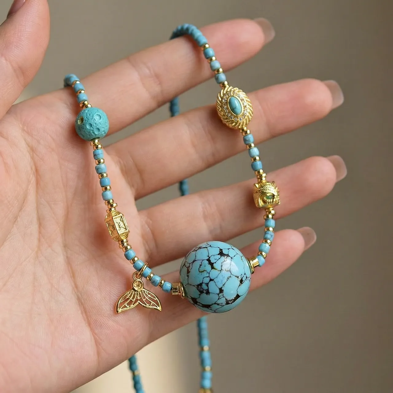 Turquoise Beaded Necklace for Women, Handmade Boho Statement Jewelry with Gold Mermaid Tail and Owl Charms, Vintage Blue Gemstone Choker Necklace, Unique Birthday Anniversary Gift for Her, Adjustable - Image 6