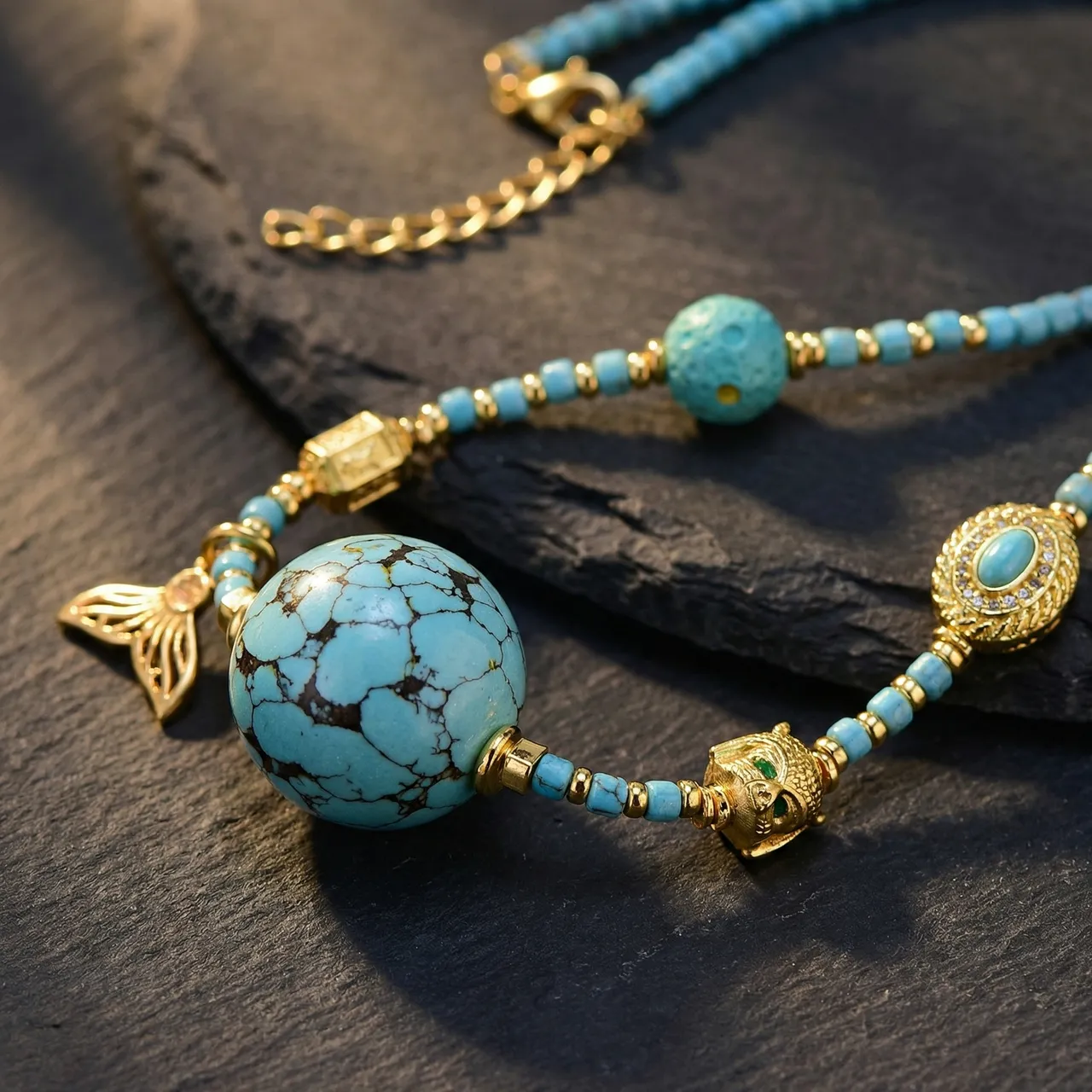 Turquoise Beaded Necklace for Women, Handmade Boho Statement Jewelry with Gold Mermaid Tail and Owl Charms, Vintage Blue Gemstone Choker Necklace, Unique Birthday Anniversary Gift for Her, Adjustable - Image 2