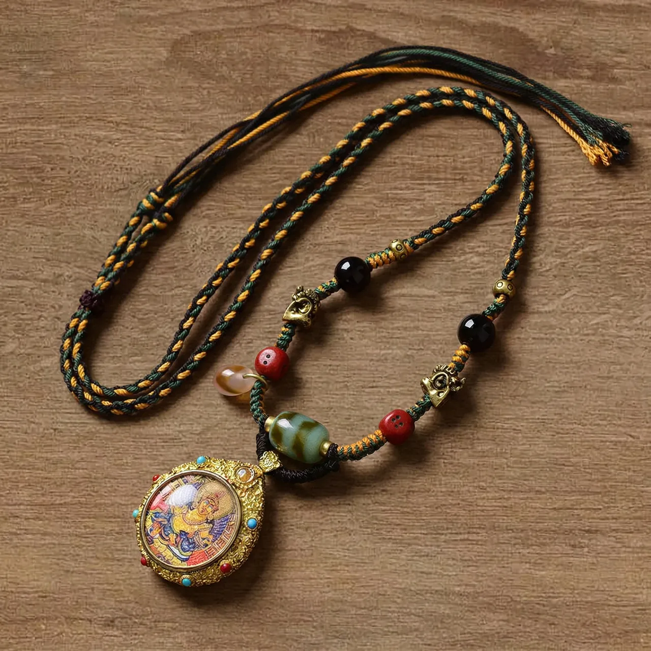 Tibetan Buddhist Thangka Yellow Jambhala Pendant Necklace, Handmade Ethnic Style Adjustable Rope Sweater Chain, Spiritual Wealth Amulet Jewelry for Men Women, 45x35x14mm Vintage Cultural Gift
