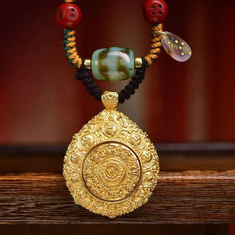 Tibetan Buddhist Thangka Yellow Jambhala Pendant Necklace, Handmade Ethnic Style Adjustable Rope Sweater Chain, Spiritual Wealth Amulet Jewelry for Men Women, 45x35x14mm Vintage Cultural Gift - Image 4