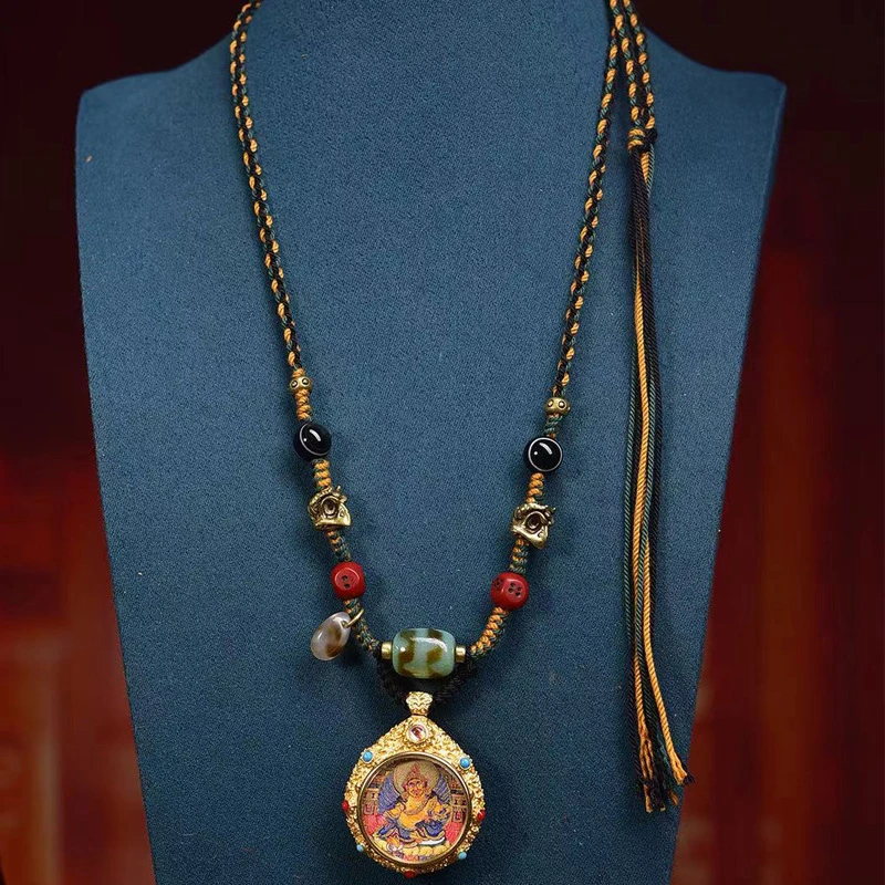 Tibetan Buddhist Thangka Yellow Jambhala Pendant Necklace, Handmade Ethnic Style Adjustable Rope Sweater Chain, Spiritual Wealth Amulet Jewelry for Men Women, 45x35x14mm Vintage Cultural Gift - Image 5