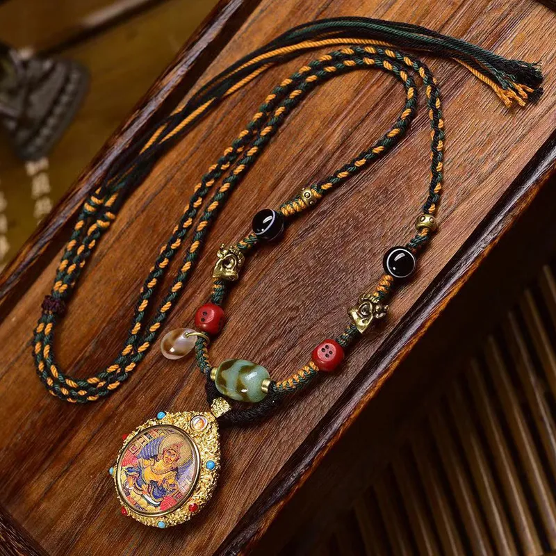 Tibetan Buddhist Thangka Yellow Jambhala Pendant Necklace, Handmade Ethnic Style Adjustable Rope Sweater Chain, Spiritual Wealth Amulet Jewelry for Men Women, 45x35x14mm Vintage Cultural Gift - Image 2