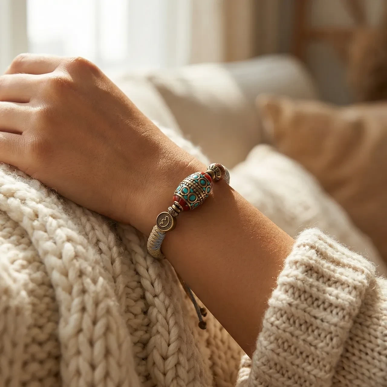 Handmade Braided Bracelet Tibetan Vintage Boho Woven Wristband Adjustable Macrame Cord with Ethnic Turquoise Beads Spiritual Yoga Meditation Friendship Jewelry Gift for Men Women - Image 2