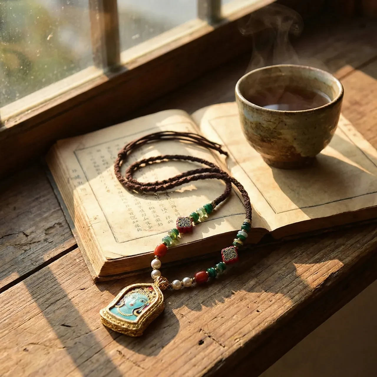 Tibetan Green Tara Necklace Thangka Pendant Long Sweater Chain Hand-Woven Rope Spiritual Amulet Vintage Ethnic Buddhist Jewelry for Women Men - Image 2