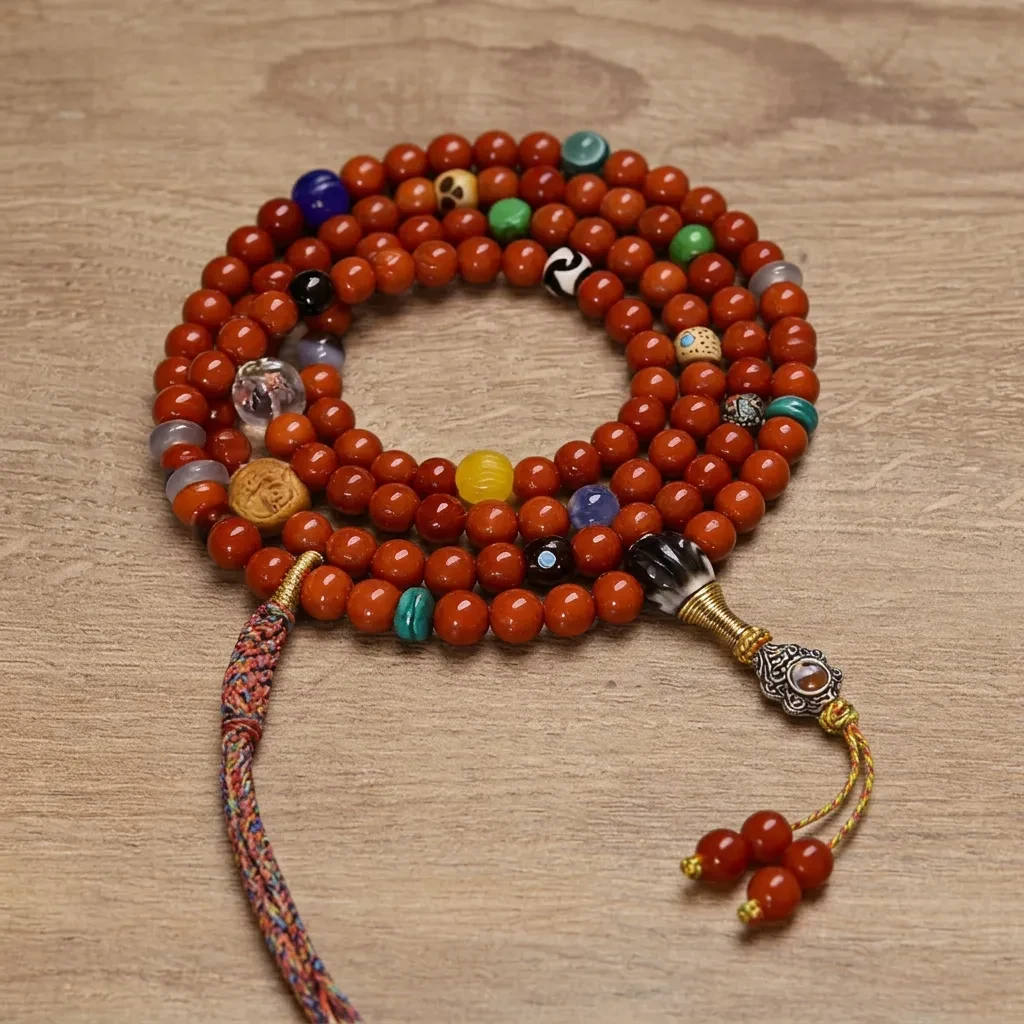 Natural Red Agate Mala Beads 8mm Tibetan Buddhist Prayer Rosary Necklace Vintage Spiritual Meditation Wrap Bracelet with Wealth Pendant