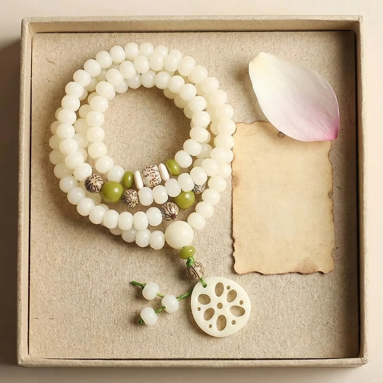 Natural White Jade Bodhi Seed 108 Mala Beads Bracelet Necklace for Women Men, Buddhist Prayer Rosary Zen Meditation Yoga Jewelry with Lotus Pendant, Spiritual Healing Wrap Bracelet - Image 2