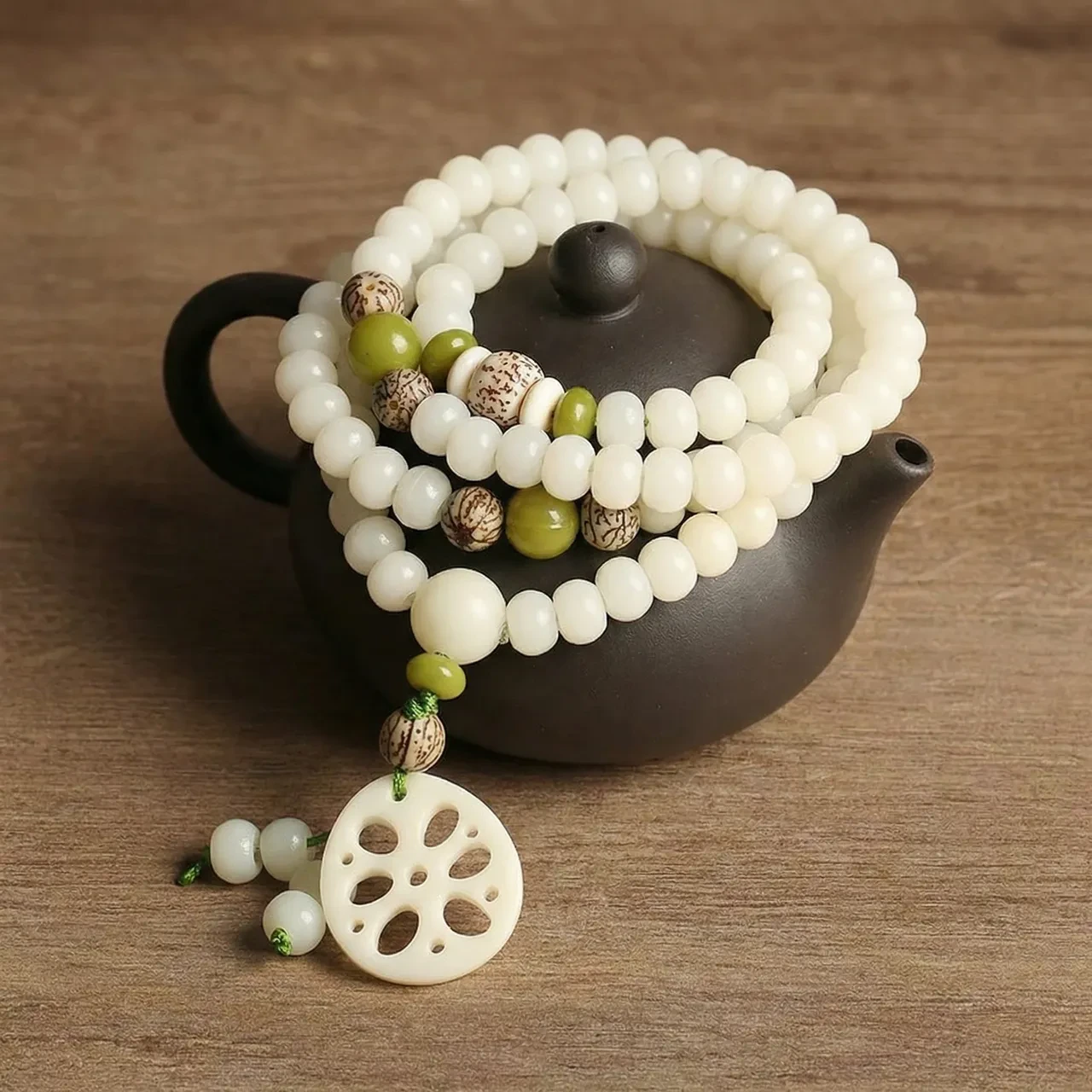 Natural White Jade Bodhi Seed 108 Mala Beads Bracelet Necklace for Women Men, Buddhist Prayer Rosary Zen Meditation Yoga Jewelry with Lotus Pendant, Spiritual Healing Wrap Bracelet