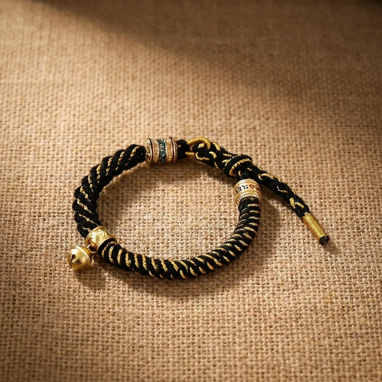 Handmade Tibetan Braided Rope Bracelet Black Gold Cotton Cord Lucky Knot Wristband Spiritual Buddhist Amulet Meditation Yoga Jewelry with Vintage Bell Charm - Image 3