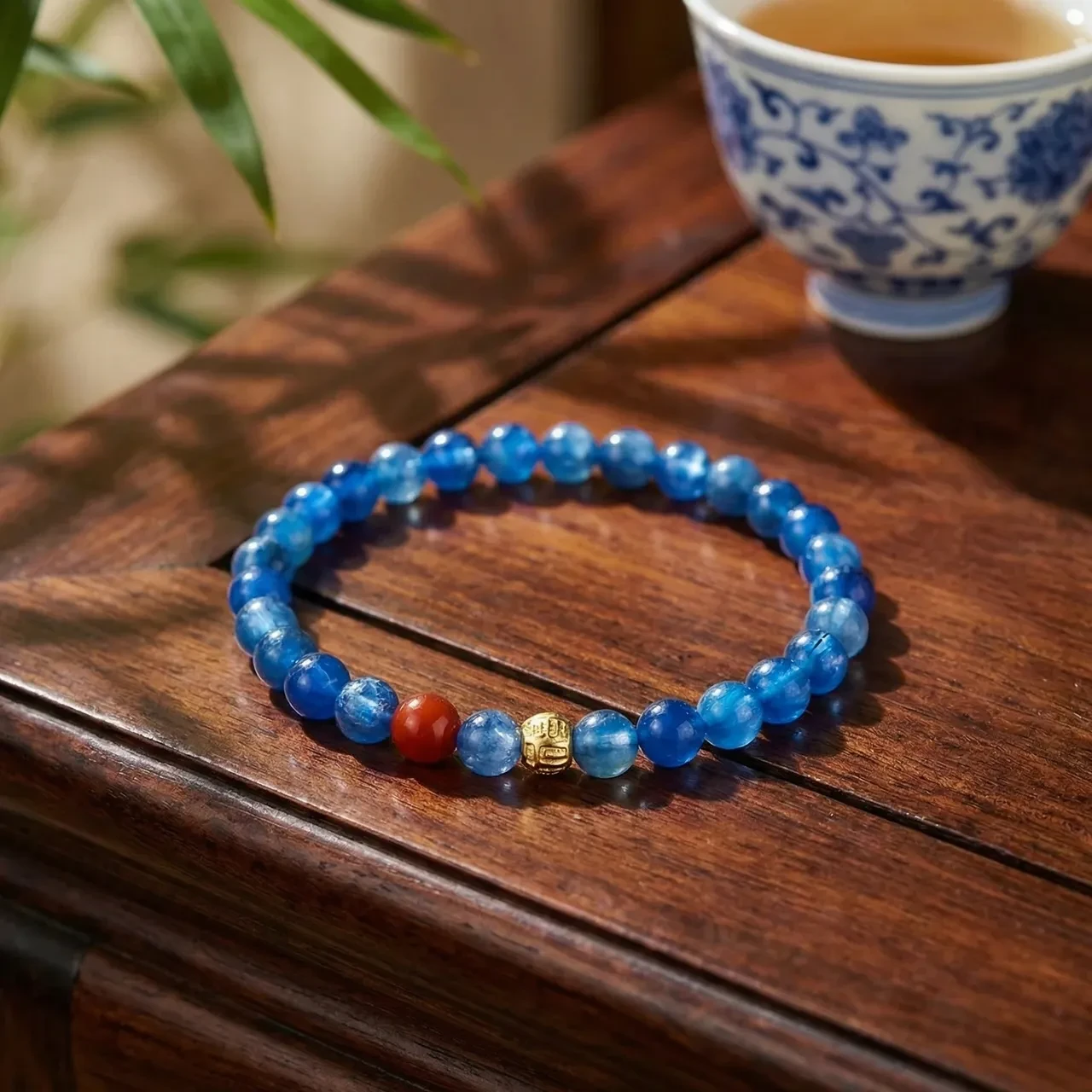 Natural Kyanite Gemstone Bracelet for Women, 6mm Blue Crystal Beaded Healing Stretch Bracelet with Gold Fu Good Luck Charm, Pilates Meditation Yoga Energy Jewelry - Image 5