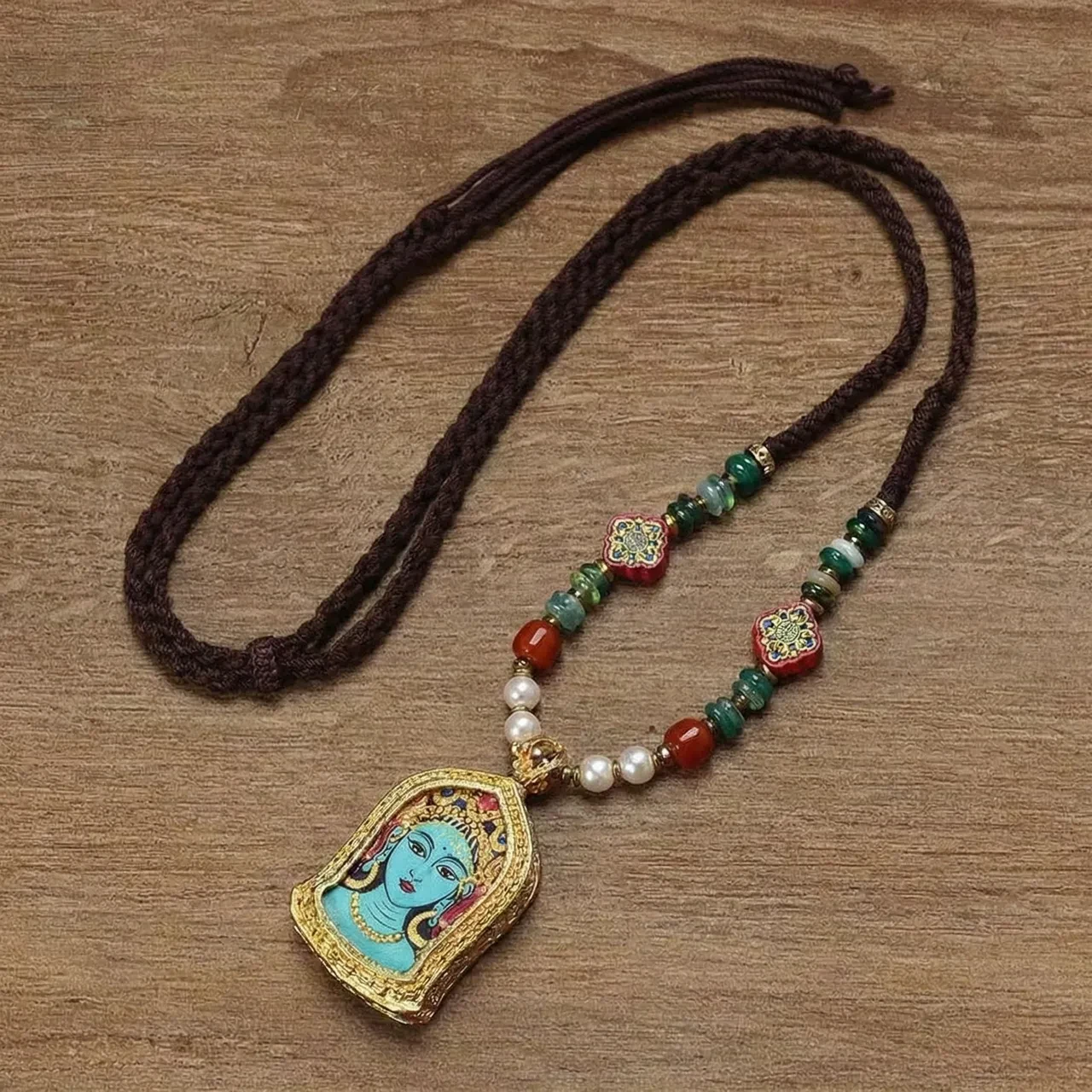 Tibetan Green Tara Necklace Thangka Pendant Long Sweater Chain Hand-Woven Rope Spiritual Amulet Vintage Ethnic Buddhist Jewelry for Women Men