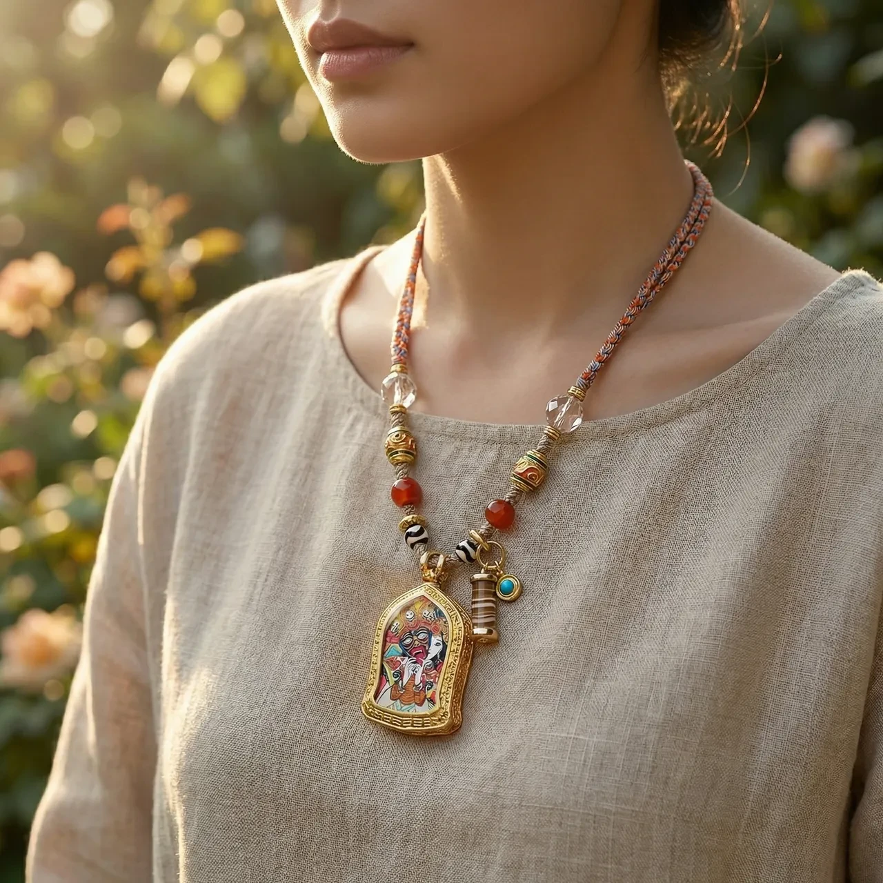 Handmade Tibetan Thangka Pendant Necklace for Women Men Adjustable Braided Rope Chain Vintage Ghau Box Amulet Spiritual Buddhist Jewelry for Meditation Yoga Ethnic Bohemian Clavicle Choker - Image 2