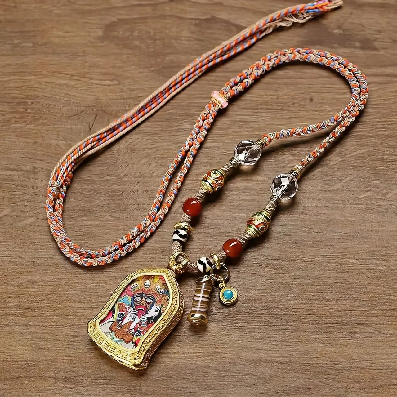 Handmade Tibetan Thangka Pendant Necklace for Women Men Adjustable Braided Rope Chain Vintage Ghau Box Amulet Spiritual Buddhist Jewelry for Meditation Yoga Ethnic Bohemian Clavicle Choker