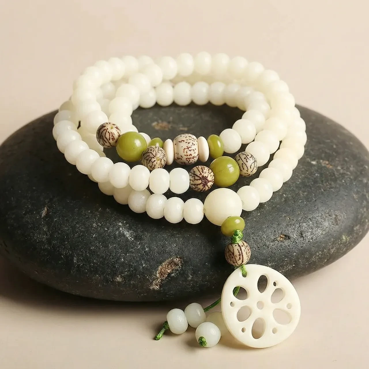 Natural White Jade Bodhi Seed 108 Mala Beads Bracelet Necklace for Women Men, Buddhist Prayer Rosary Zen Meditation Yoga Jewelry with Lotus Pendant, Spiritual Healing Wrap Bracelet - Image 6