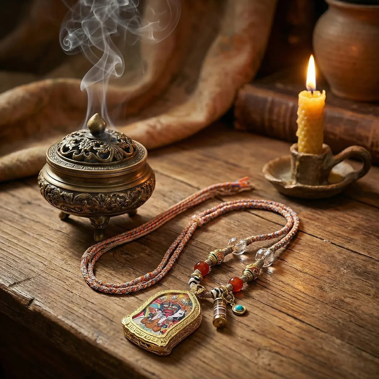 Handmade Tibetan Thangka Pendant Necklace for Women Men Adjustable Braided Rope Chain Vintage Ghau Box Amulet Spiritual Buddhist Jewelry for Meditation Yoga Ethnic Bohemian Clavicle Choker - Image 4