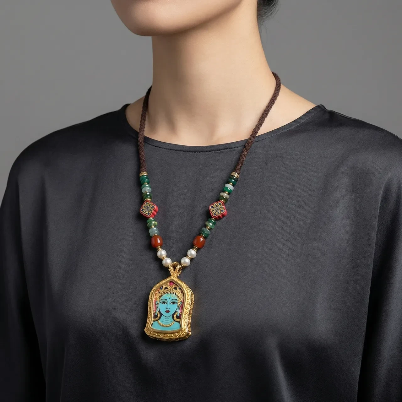 Tibetan Green Tara Necklace Thangka Pendant Long Sweater Chain Hand-Woven Rope Spiritual Amulet Vintage Ethnic Buddhist Jewelry for Women Men - Image 3