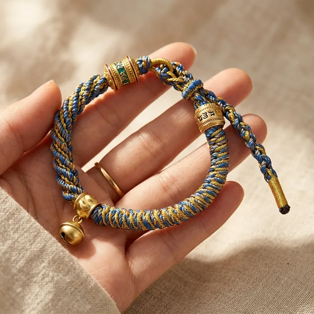 Handmade Tibetan Braided Bracelet Cotton Cord Woven Amulet Bracelet with Vintage Bell Charm Lucky Jewelry for Yoga Meditation Men Women Blue - Image 3