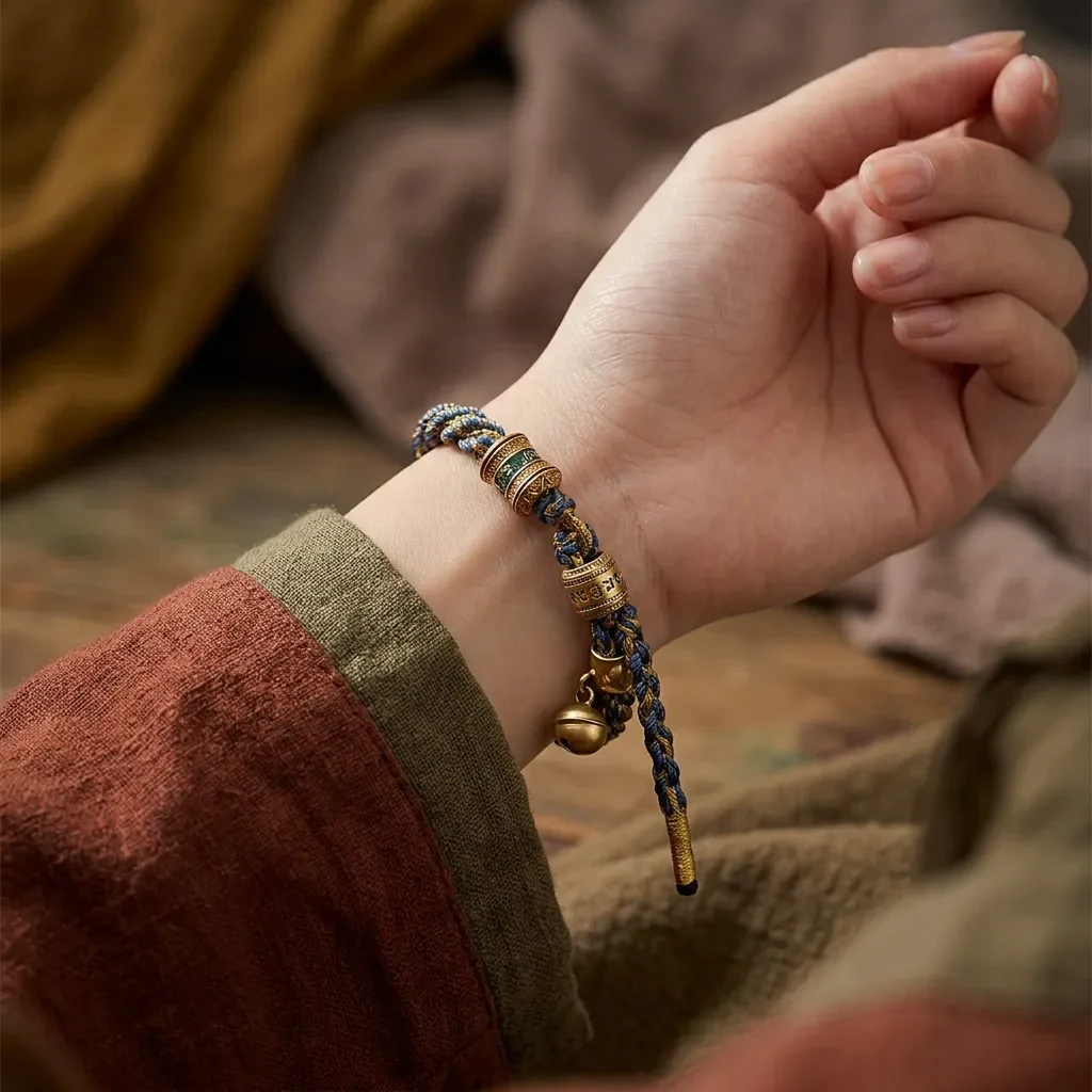 Handmade Tibetan Braided Bracelet Cotton Cord Woven Amulet Bracelet with Vintage Bell Charm Lucky Jewelry for Yoga Meditation Men Women Blue - Image 2