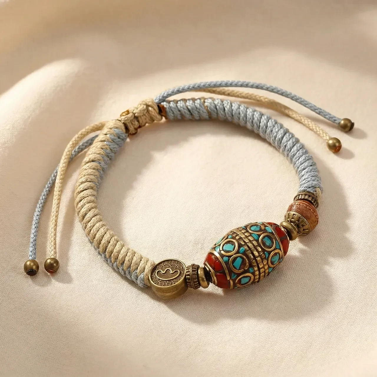 Handmade Braided Bracelet Tibetan Vintage Boho Woven Wristband Adjustable Macrame Cord with Ethnic Turquoise Beads Spiritual Yoga Meditation Friendship Jewelry Gift for Men Women - Image 4