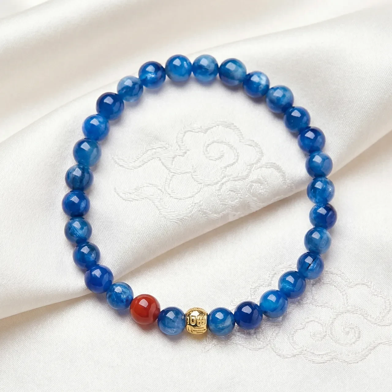 Natural Kyanite Gemstone Bracelet for Women, 6mm Blue Crystal Beaded Healing Stretch Bracelet with Gold Fu Good Luck Charm, Pilates Meditation Yoga Energy Jewelry - Image 3