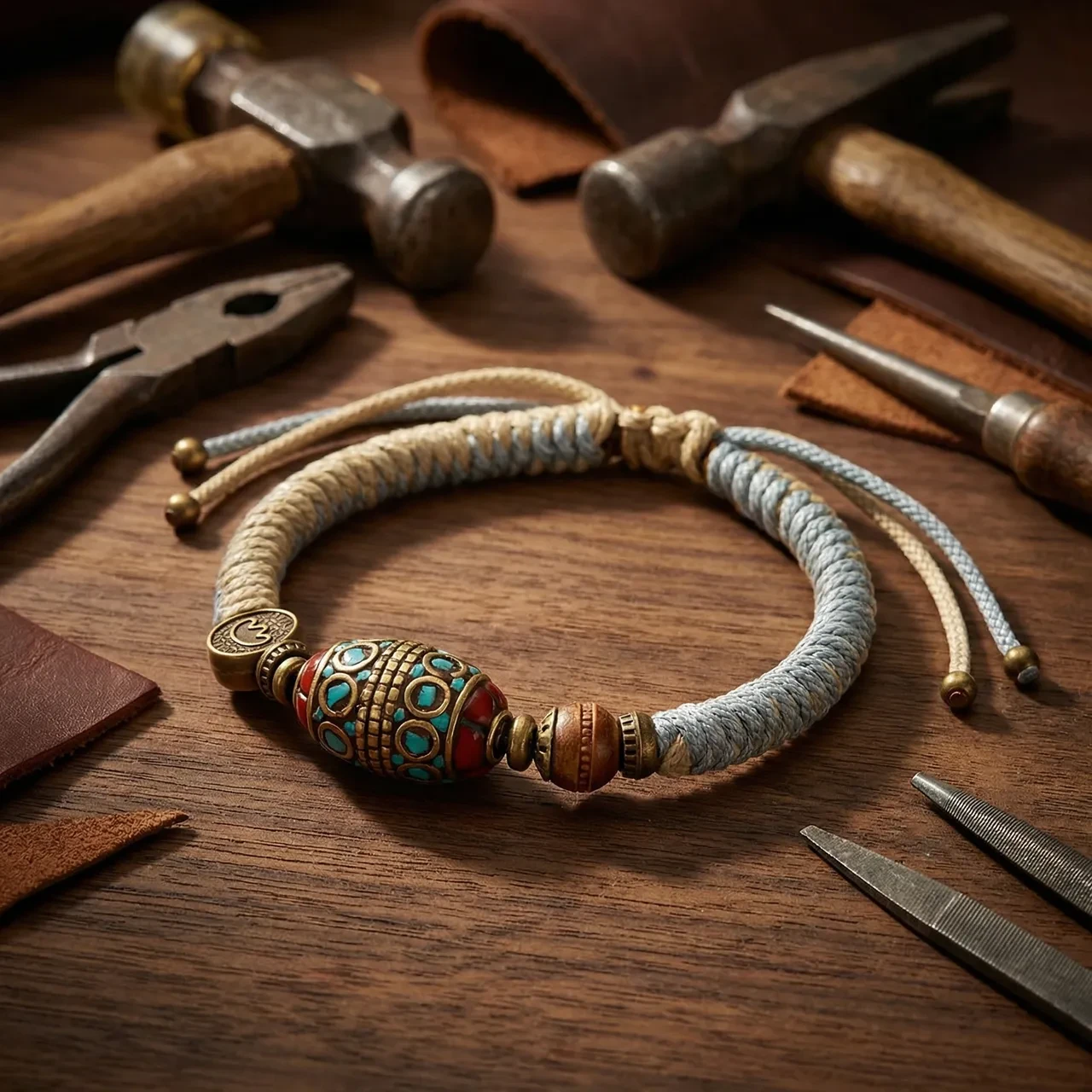 Handmade Braided Bracelet Tibetan Vintage Boho Woven Wristband Adjustable Macrame Cord with Ethnic Turquoise Beads Spiritual Yoga Meditation Friendship Jewelry Gift for Men Women - Image 3